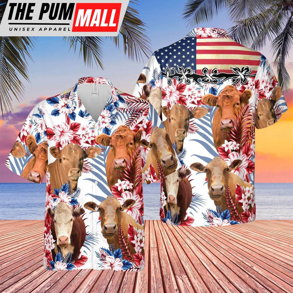 Farm Hawaiian Shirt, Cow American Flag All Over Printed 3D Hawaiian Shirt, Animal Hawaiian Shirt
