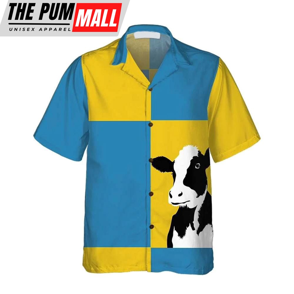 Farm Hawaiian Shirt, Cow On Yellow And Blue Background All Printed 3D Hawaiian Shirt, Animal Hawaiian Shirt