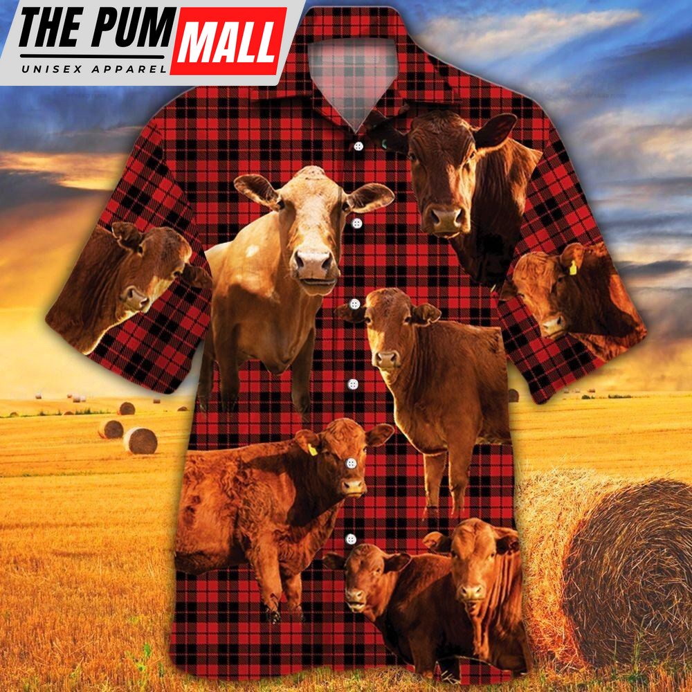 Farm Hawaiian Shirt, Cow Red Tartan Pattern All Over Printed 3D Hawaiian Shirt, Animal Hawaiian Shirt