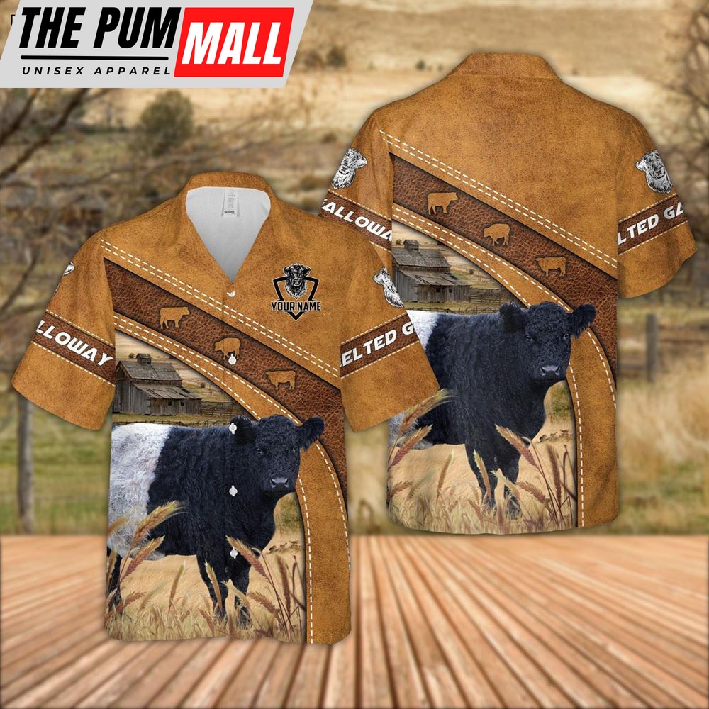Farm Hawaiian Shirt, Custom Name Belted Galloway Leather Pattern Hawaiian Shirt For Men And Women, Animal Hawaiian Shirt