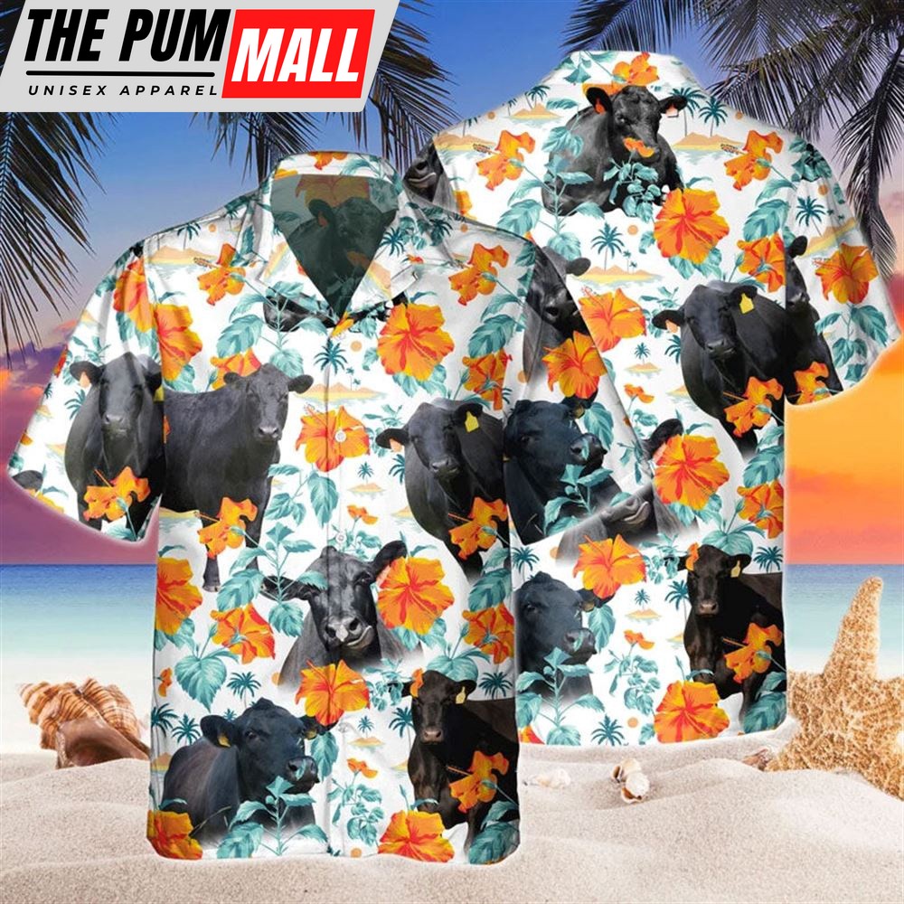 Farm Hawaiian Shirt, Custom Name Black Angus Hibiscus Flowers All 3D Printed Hawaiian Shirt For Men And Women, Animal Hawaiian Shirt