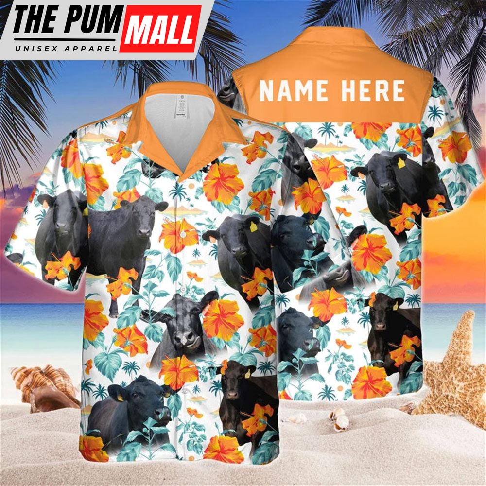 Farm Hawaiian Shirt, Custom Name Black Angus Hibiscus Flowers Orange All 3D Printed Hawaiian Shirt For Men And Women, Animal Hawaiian Shirt
