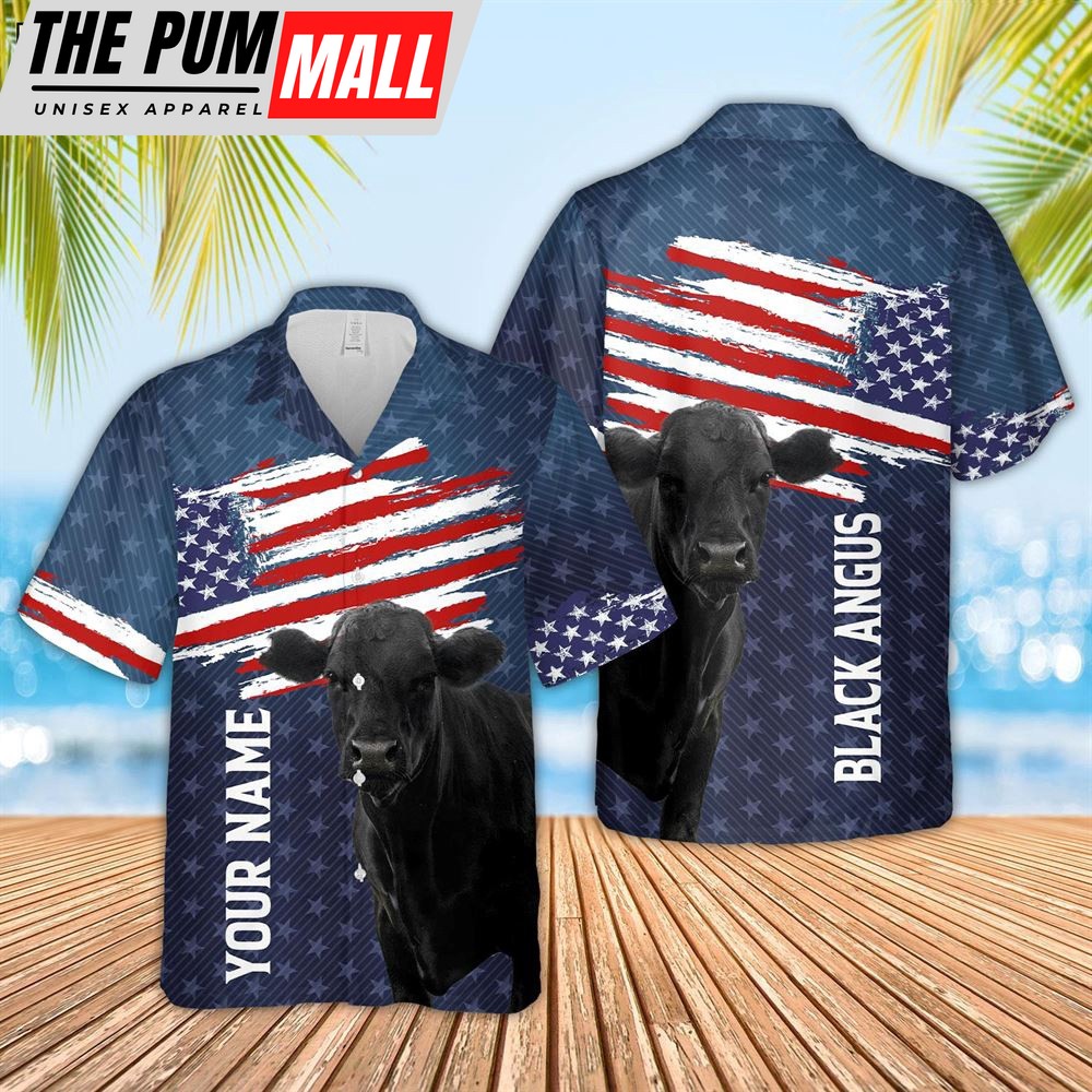 Farm Hawaiian Shirt, Custom Name Black Angus Us Flag Pattern 3D Hawaiian Shirt, Animal Hawaiian Shirt