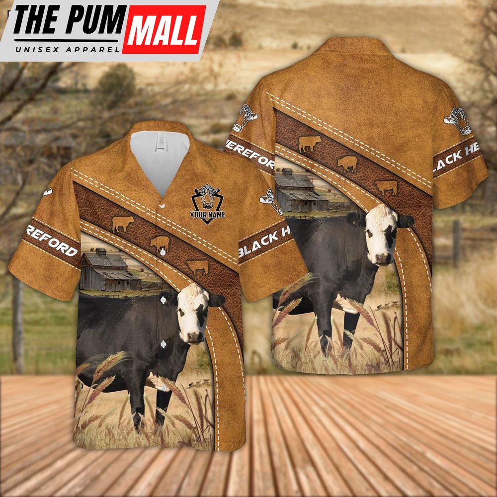 Farm Hawaiian Shirt, Custom Name Black Hereford Leather Pattern Hawaiian Shirt For Men And Women, Animal Hawaiian Shirt