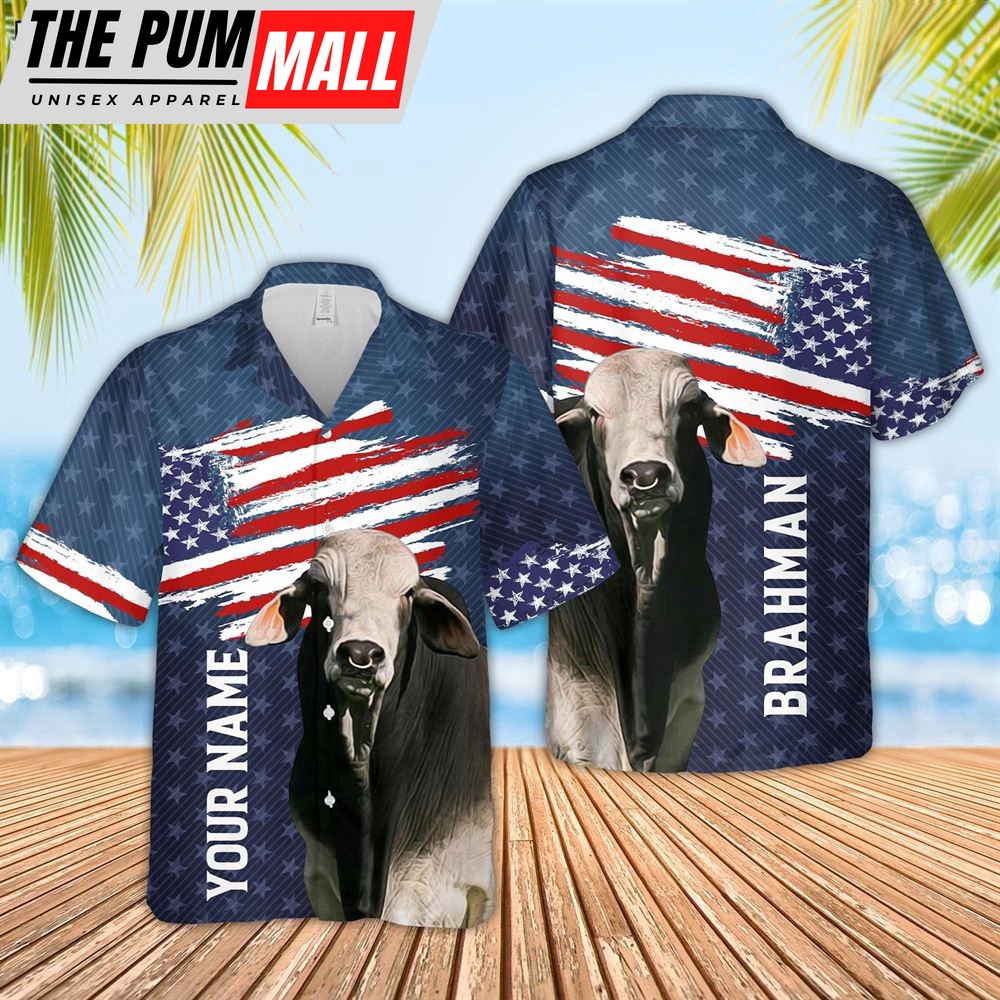 Farm Hawaiian Shirt, Custom Name Brahman Cattle Us Flag Pattern 3D Hawaiian Shirt, Animal Hawaiian Shirt
