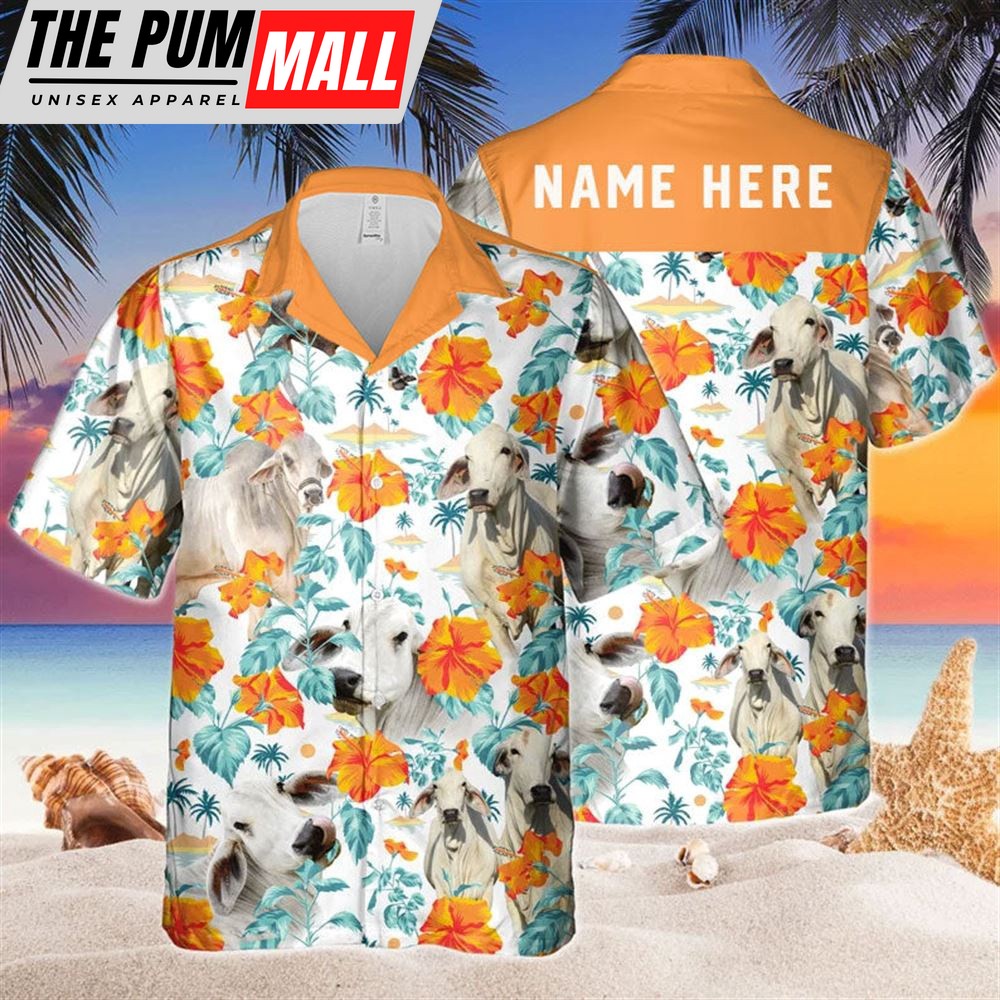 Farm Hawaiian Shirt, Custom Name Brahman Cow Hibiscus Flowers All 3D Printed Hawaiian Shirt, Animal Hawaiian Shirt