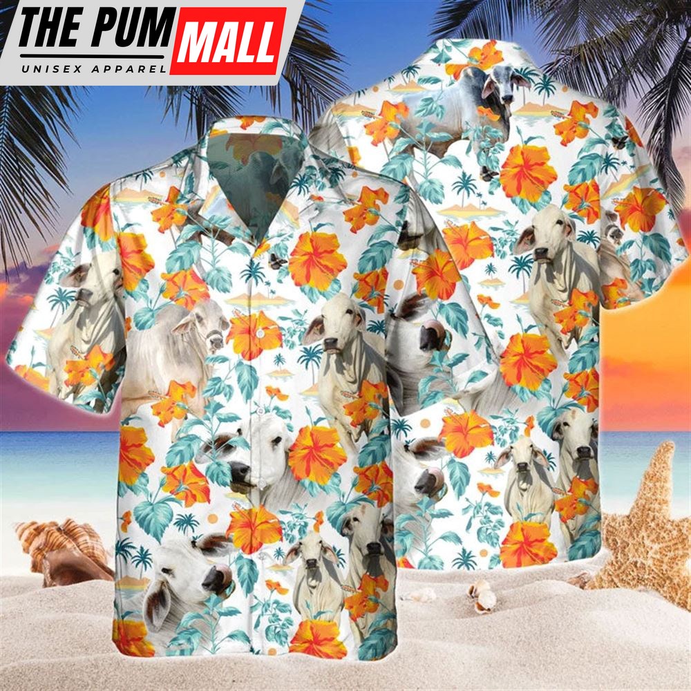 Farm Hawaiian Shirt, Custom Name Brahman Cow Hibiscus Flowers All 3D Printed Hawaiian Shirt For Men And Women, Animal Hawaiian Shirt