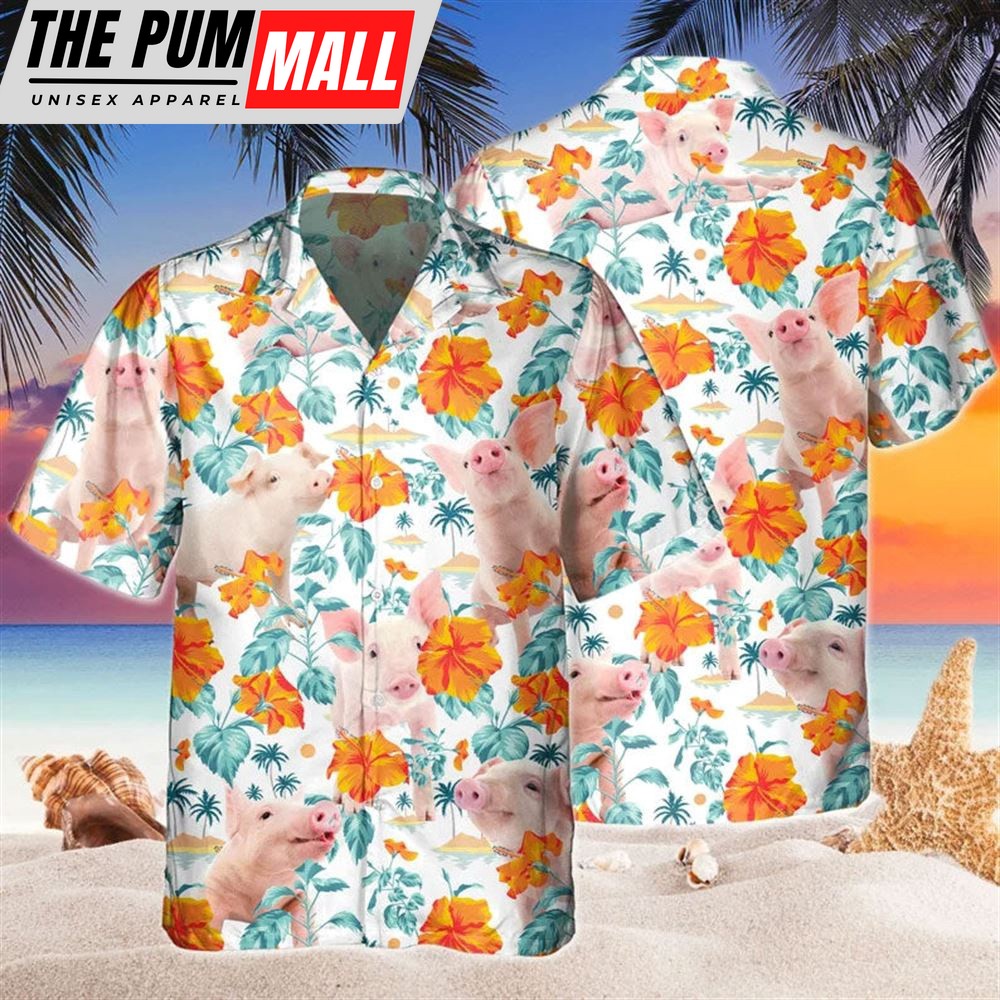 Farm Hawaiian Shirt, Custom Name Funny Pig Hibiscus Flowers All 3D Printed Hawaiian Shirt For Men And Women, Animal Hawaiian Shirt
