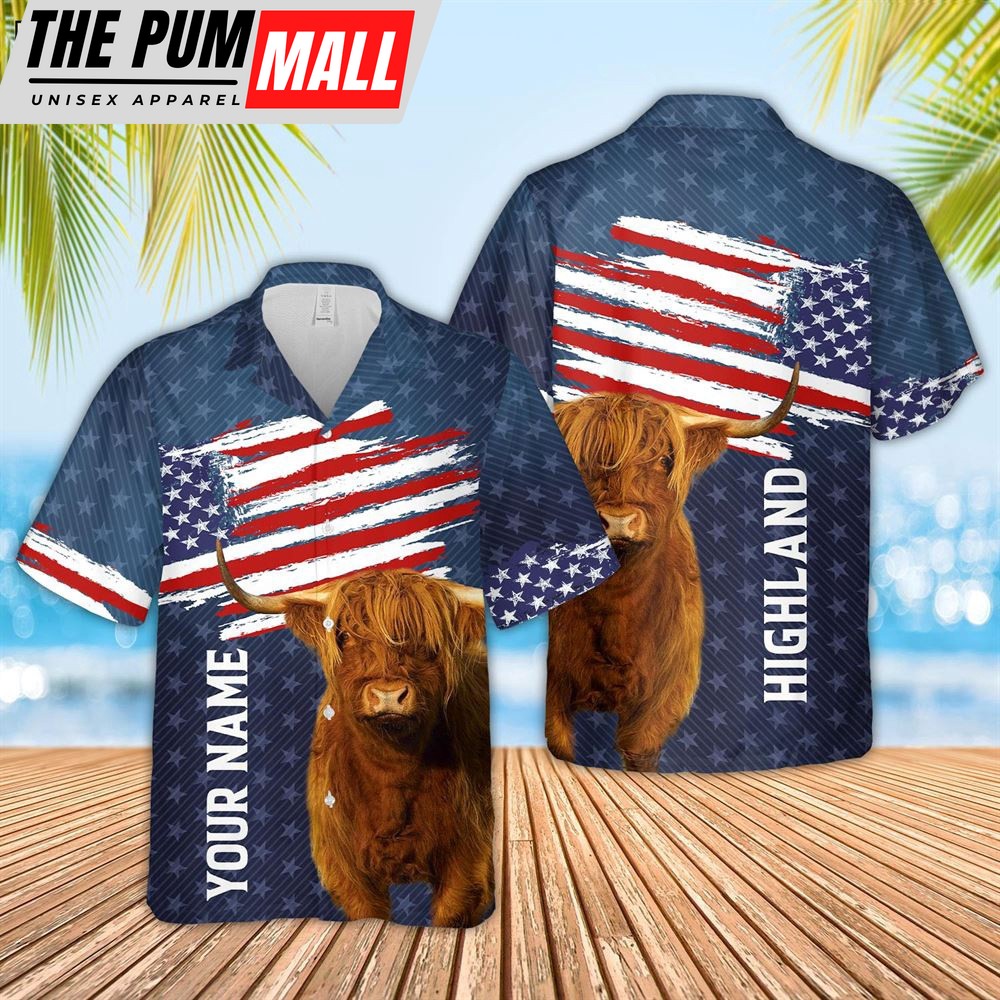 Farm Hawaiian Shirt, Custom Name Highland Cattle Us Flag Pattern 3D Hawaiian Shirt, Animal Hawaiian Shirt