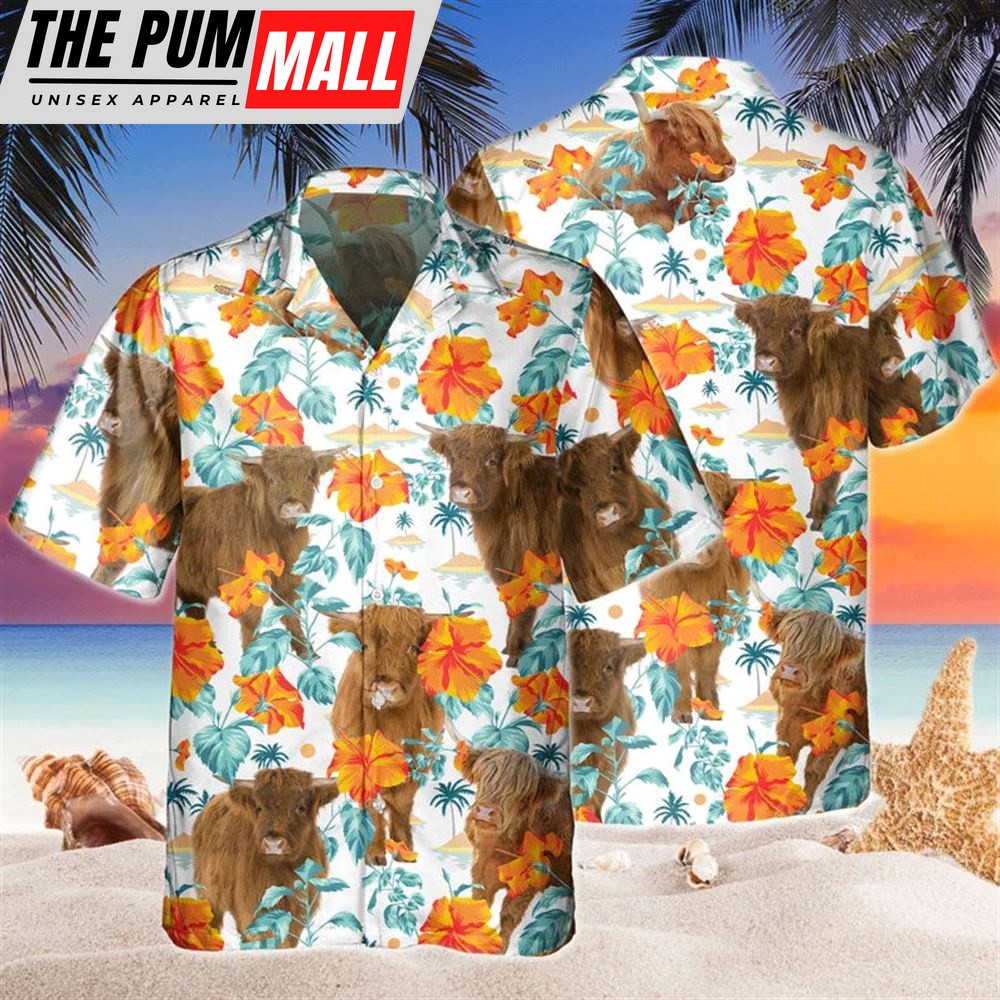 Farm Hawaiian Shirt, Custom Name Highland Cow Hibiscus Flowers All 3D Printed Hawaiian Shirt For Men And Women, Animal Hawaiian Shirt