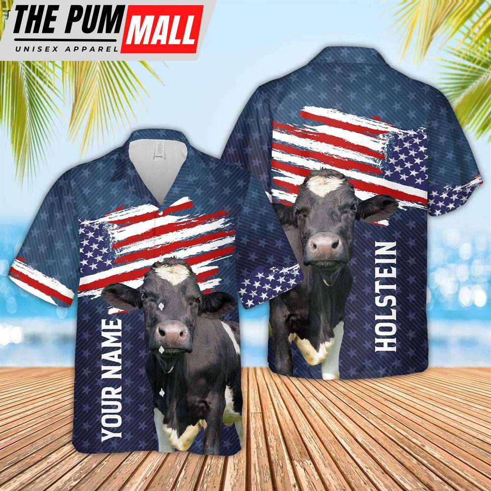 Farm Hawaiian Shirt, Custom Name Holstein Us Flag Pattern 3D Hawaiian Shirt, Animal Hawaiian Shirt
