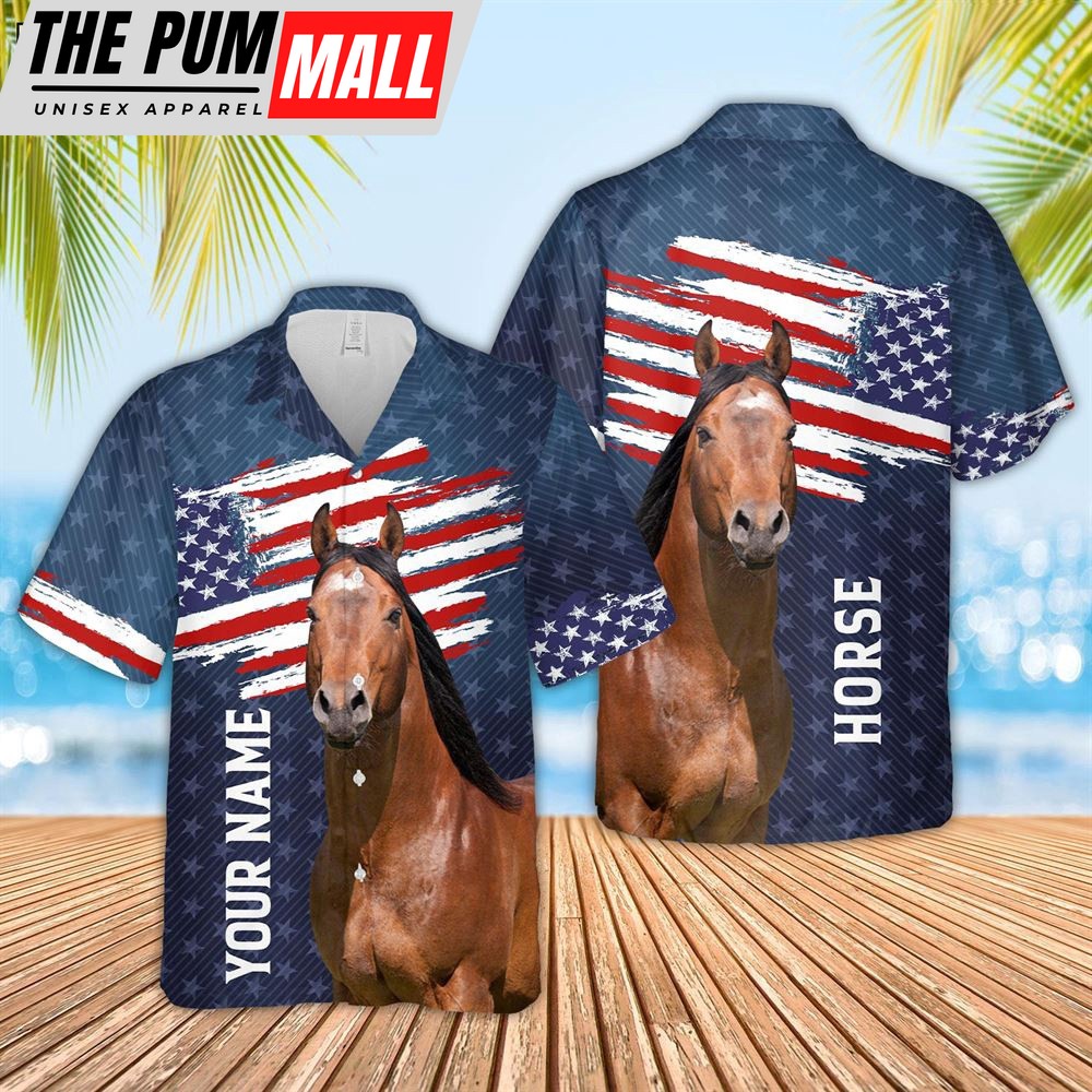 Farm Hawaiian Shirt, Custom Name Horse Us Flag Pattern 3D Hawaiian Shirt, Animal Hawaiian Shirt