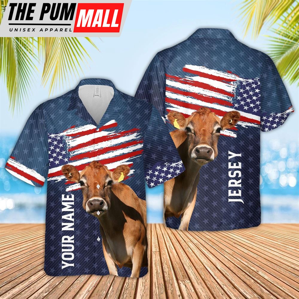 Farm Hawaiian Shirt, Custom Name Jersey Cattle Us Flag Pattern 3D Hawaiian Shirt, Animal Hawaiian Shirt