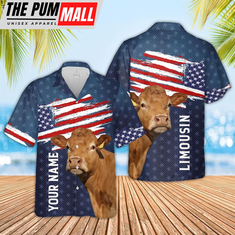 Farm Hawaiian Shirt, Custom Name Limousin Cattle Us Flag Pattern 3D Hawaiian Shirt, Animal Hawaiian Shirt