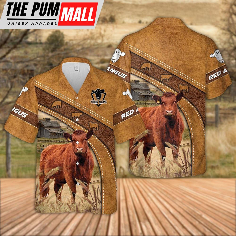 Farm Hawaiian Shirt, Custom Name Red Angus Leather Pattern Hawaiian Shirt For Men And Women, Animal Hawaiian Shirt