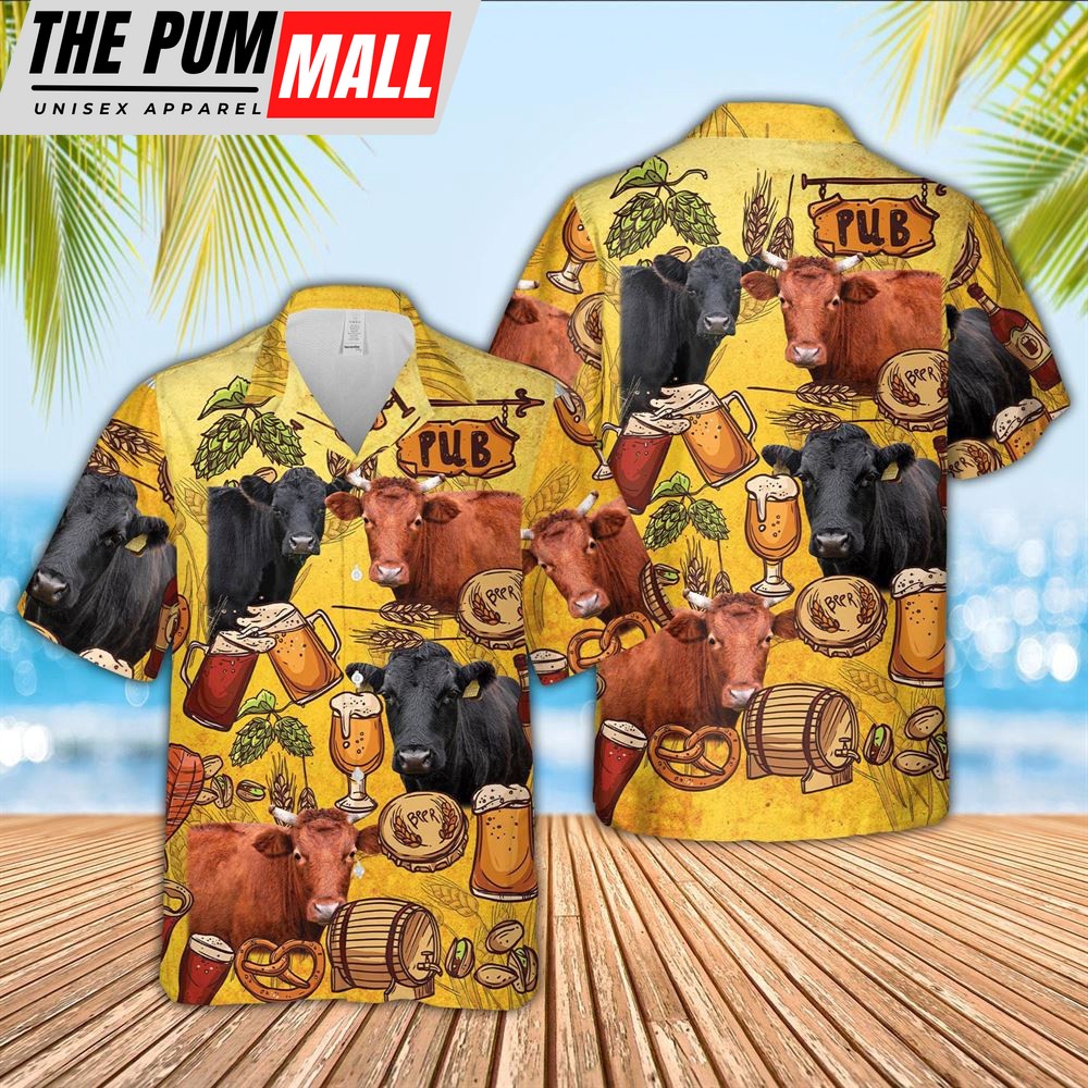 Farm Hawaiian Shirt, Dexter Cattle Drink Beer Pattern 3D Hawaiian Shirt, Animal Hawaiian Shirt