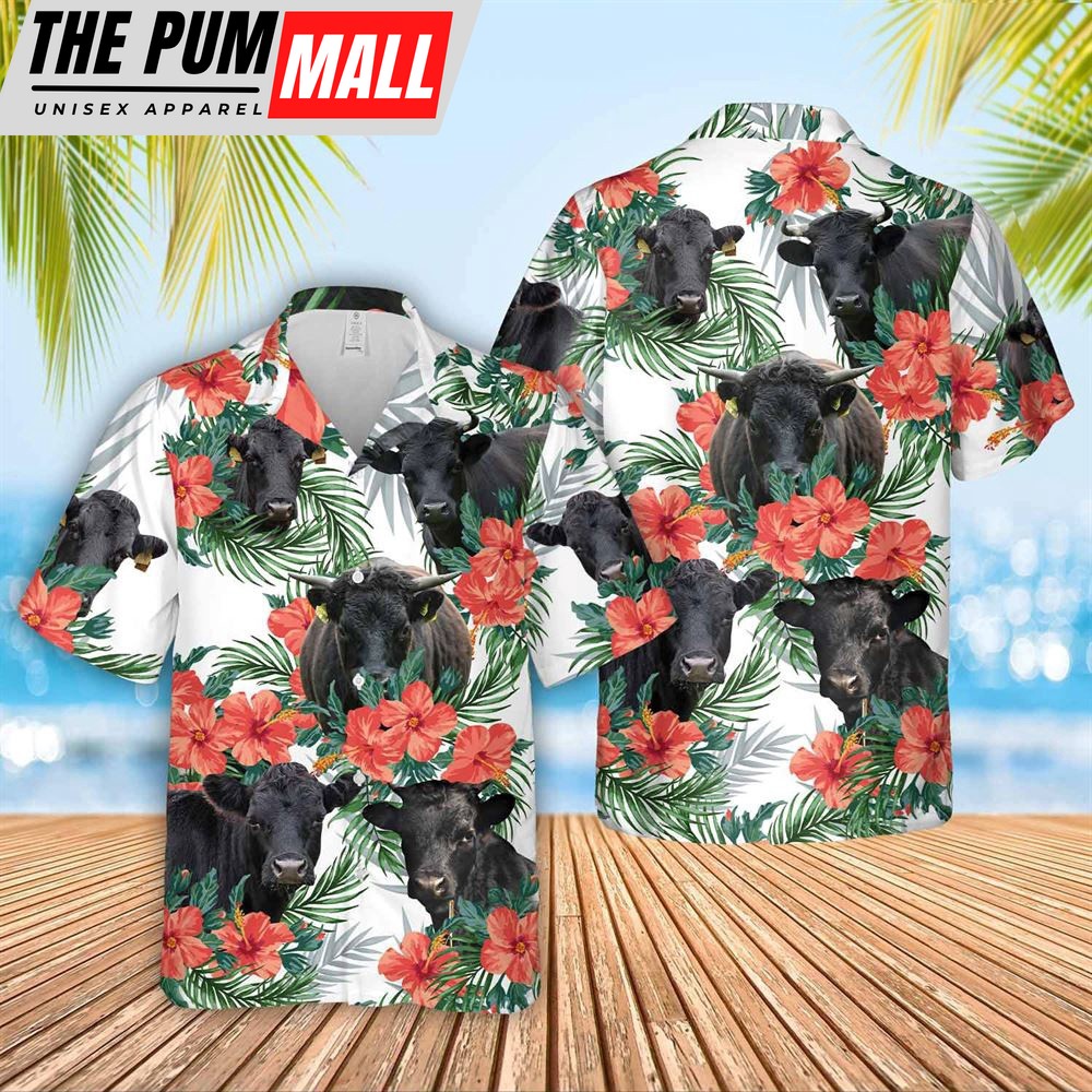 Farm Hawaiian Shirt, Dexter Cattle Hibucis Flower Pattern 3D Hawaiian Shirt, Animal Hawaiian Shirt