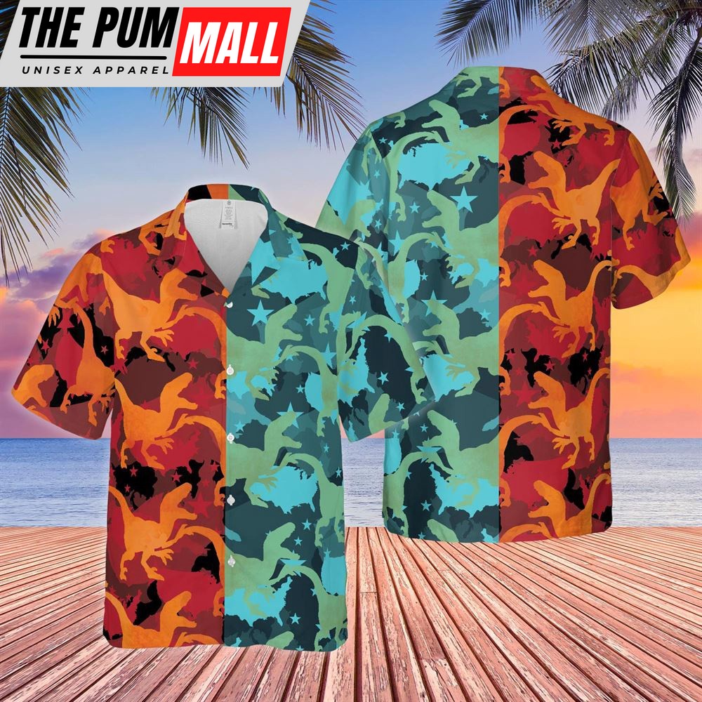 Farm Hawaiian Shirt, Dinosaur Camo Hot And Cold All Over Printed 3D Hawaiian Shirt, Animal Hawaiian Shirt