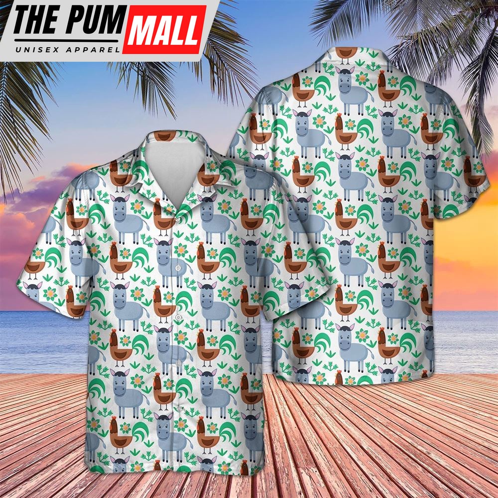 Farm Hawaiian Shirt, Donkey And Chicken Hawaiian Shirt, Animal Hawaiian Shirt