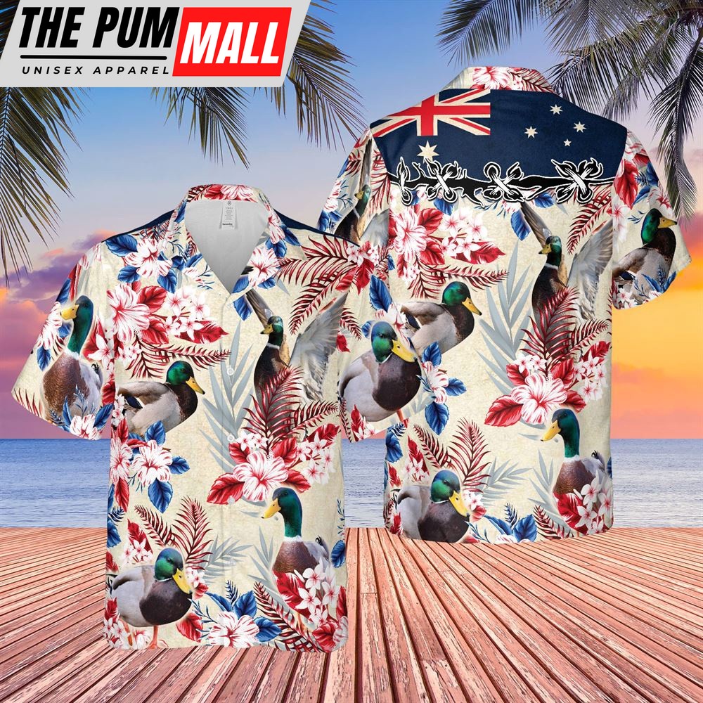 Farm Hawaiian Shirt, Duck Australian Flag Hawaiian Flowers All Over Printed 3D Hawaiian Shirt, Animal Hawaiian Shirt