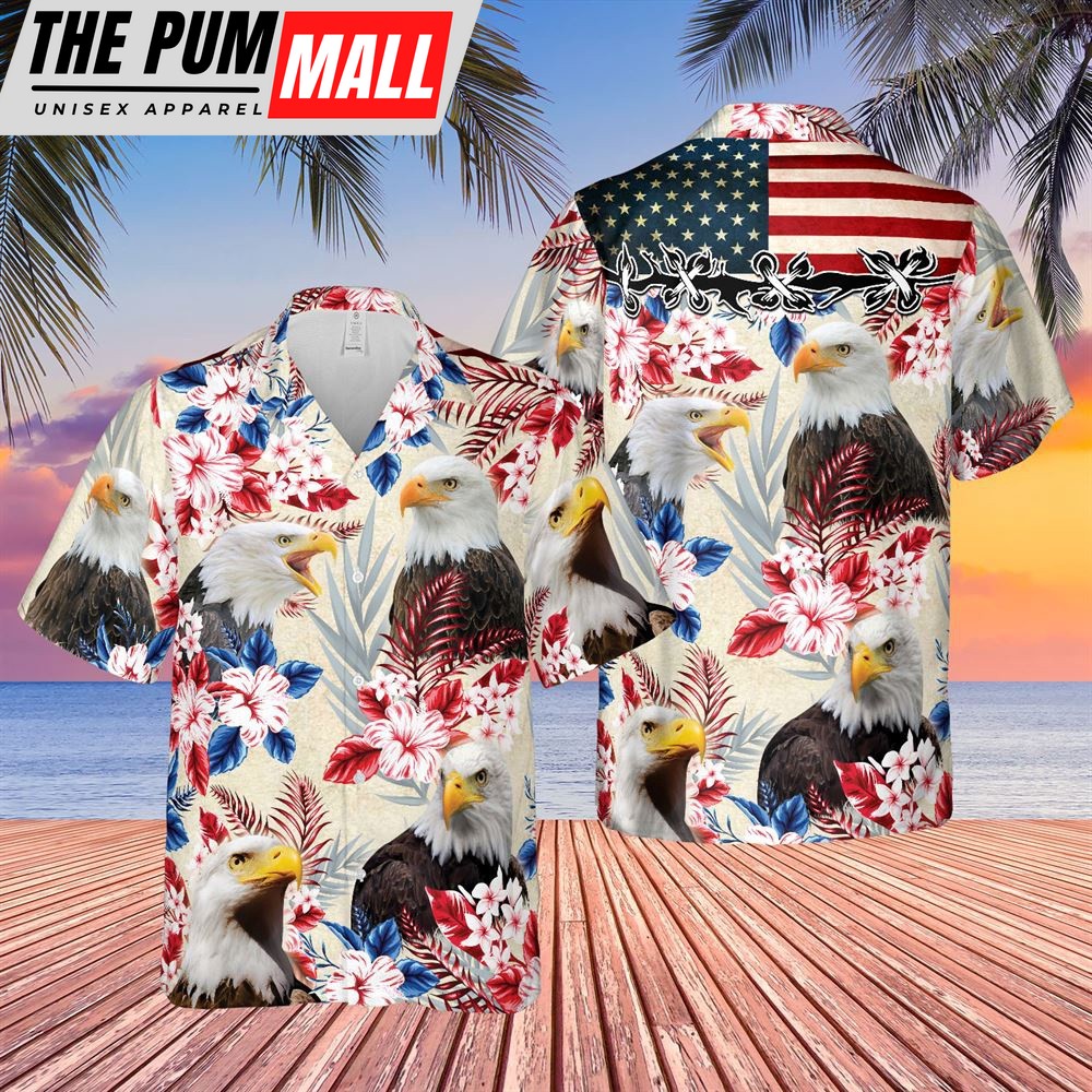 Farm Hawaiian Shirt, Eagle Lover American Flag Hawaiian Flowers All Over Printed 3D Hawaiian Shirt, Animal Hawaiian Shirt