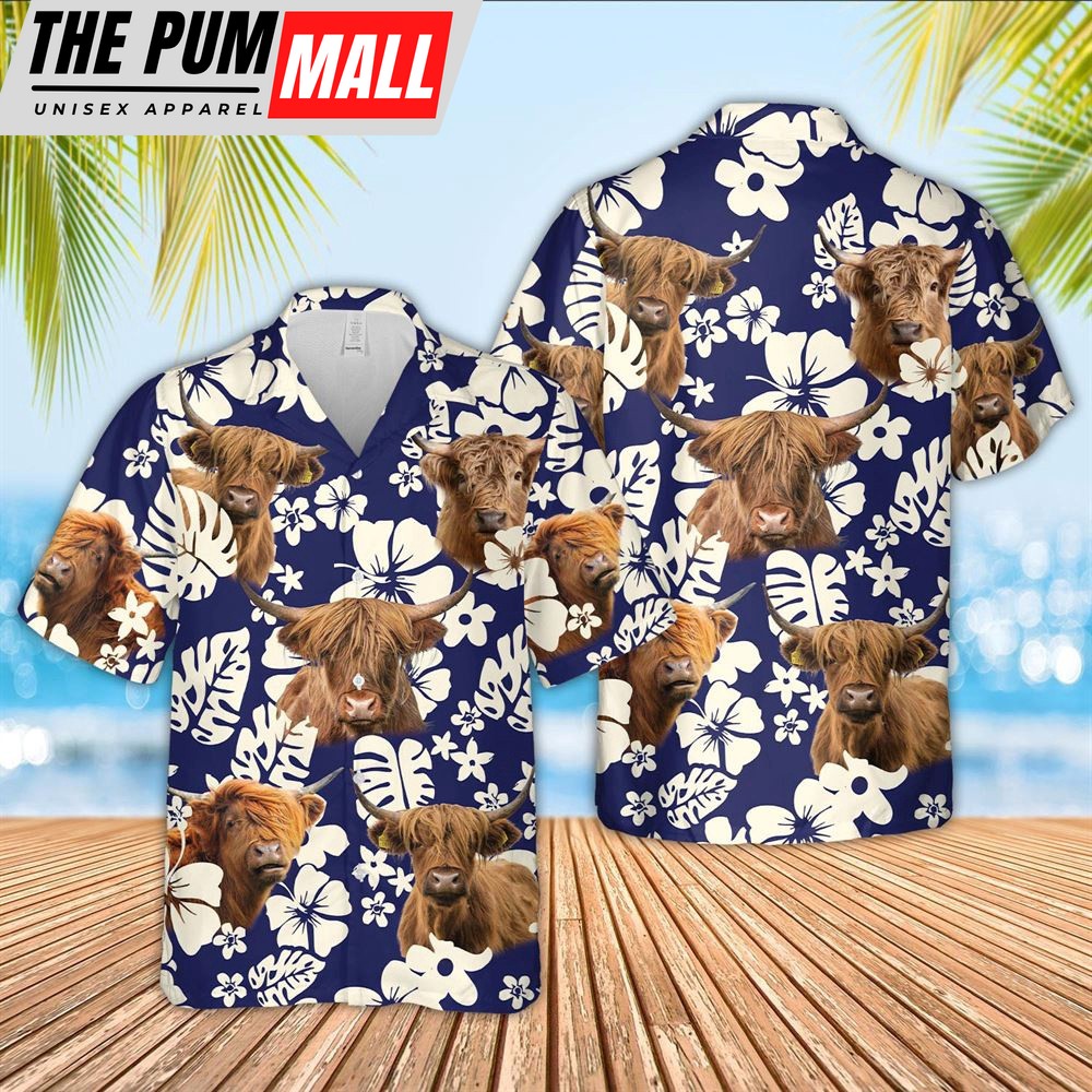 Farm Hawaiian Shirt, Flower Highland Cattle Blue Pattern 3D Hawaiian Shirt, Animal Hawaiian Shirt