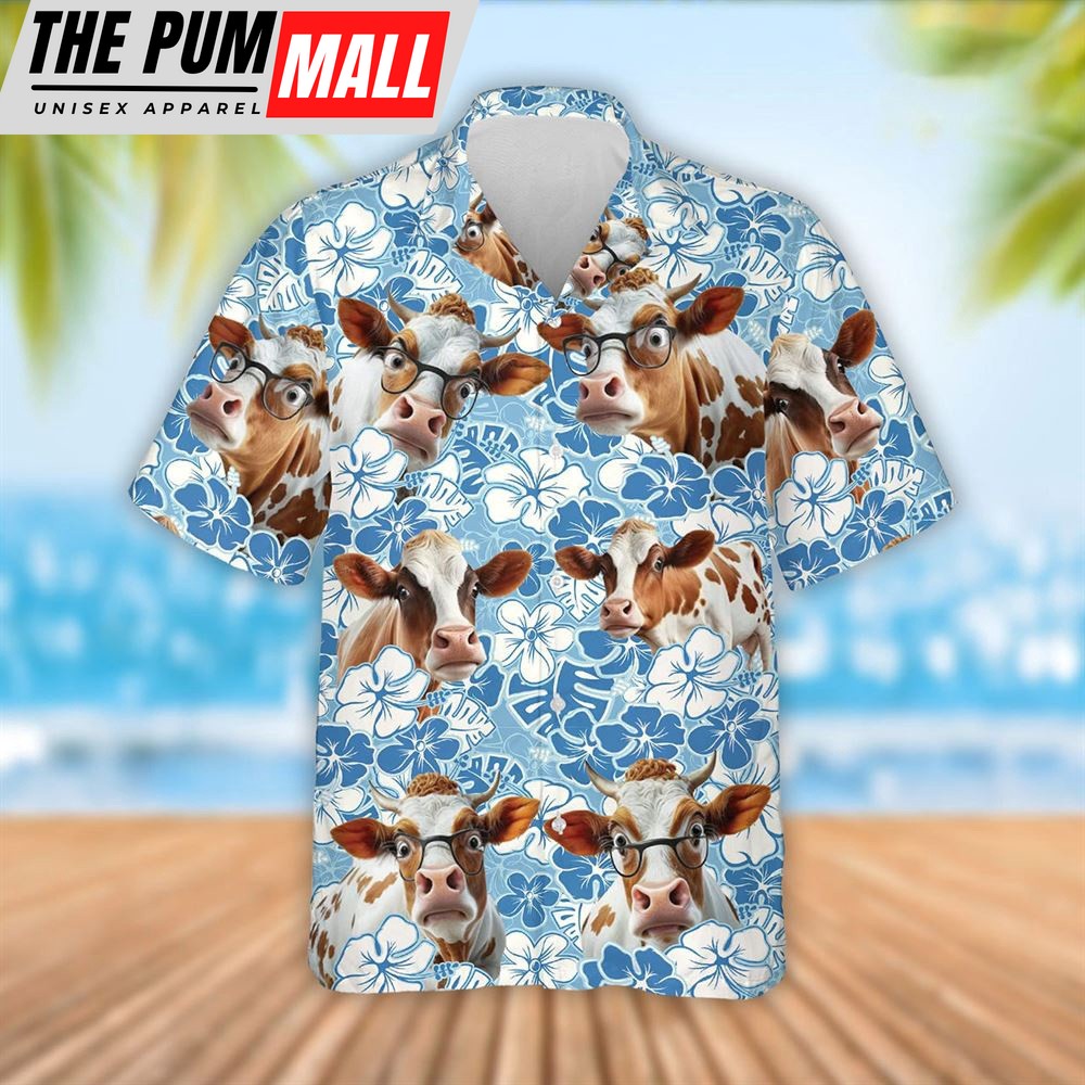 Farm Hawaiian Shirt, Funny Dexter Cattle Blue Flower Pattern 3D Hawaiian Shirt, Summer Gift, Animal Hawaiian Shirt