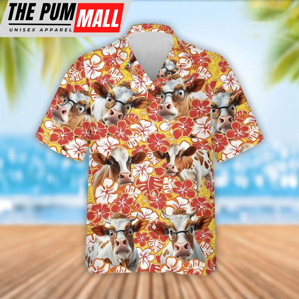 Farm Hawaiian Shirt, Funny Dexter Cattle Orange Flower Pattern 3D Hawaiian Shirt, Summer Gift, Animal Hawaiian Shirt