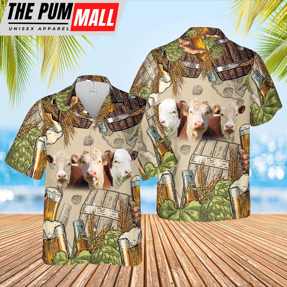 Farm Hawaiian Shirt, Funny Hereford Cattle Beer Pattern Hawaiian Shirt, Animal Hawaiian Shirt