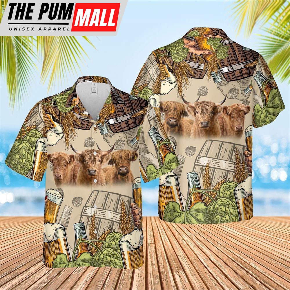 Farm Hawaiian Shirt, Funny Highland Cattle Beer Pattern Hawaiian Shirt, Animal Hawaiian Shirt