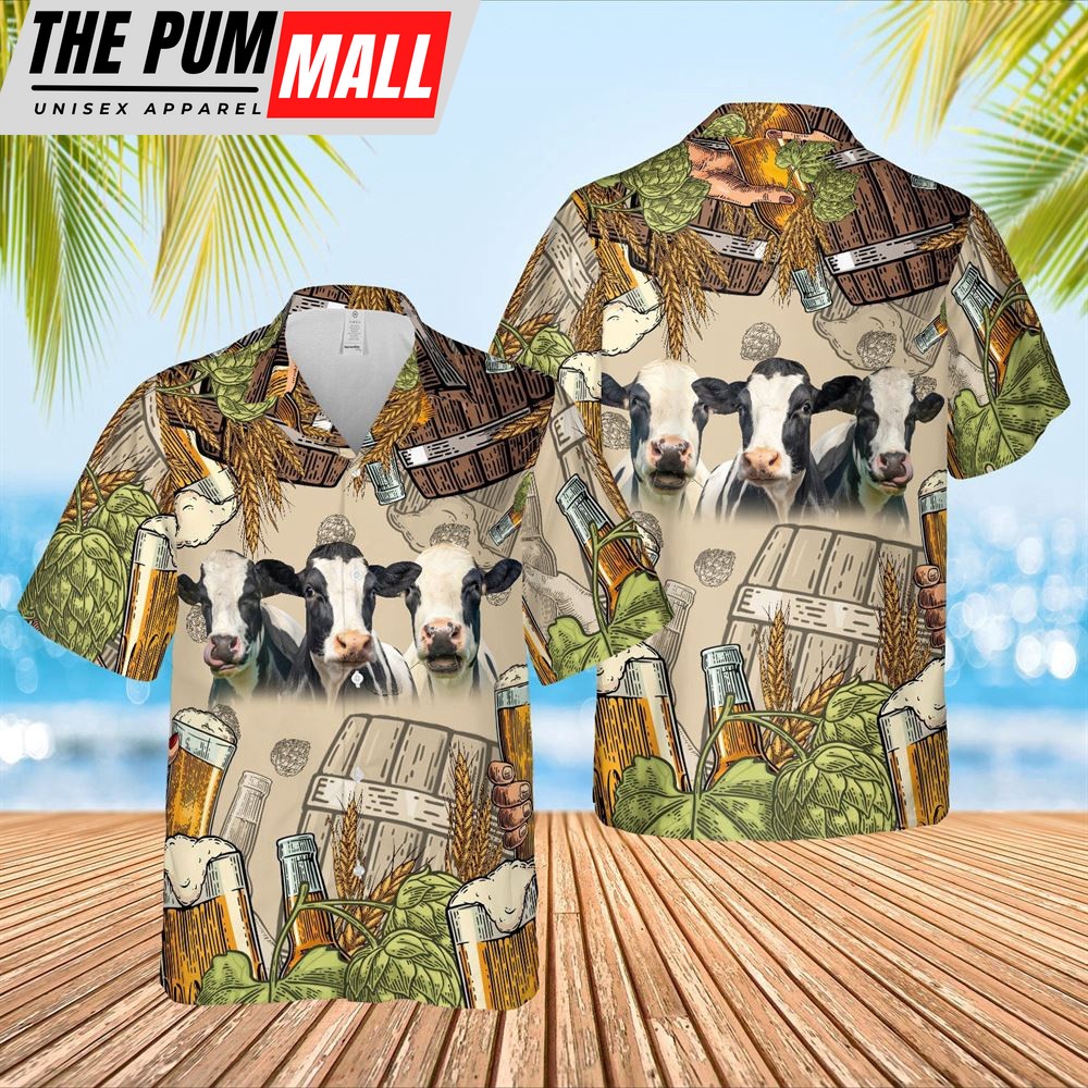 Farm Hawaiian Shirt, Funny Holstein Cattle Beer Pattern Hawaiian Shirt, Animal Hawaiian Shirt