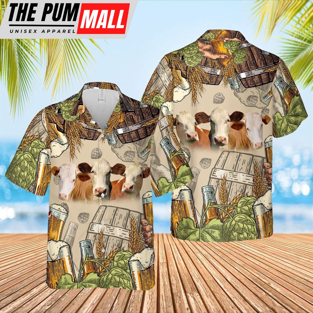 Farm Hawaiian Shirt, Funny Simmental Cattle Beer Pattern Hawaiian Shirt, Animal Hawaiian Shirt