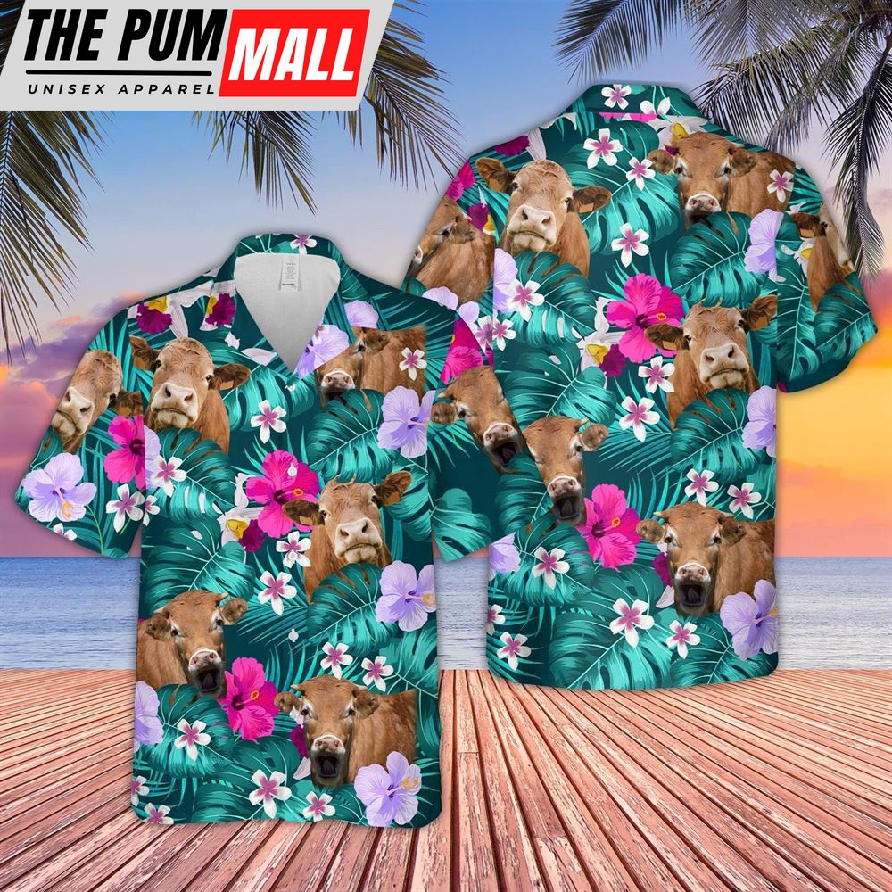 Farm Hawaiian Shirt, Gelbvieh Cattle Tropical Style 3D Hawaiian Shirt, Animal Hawaiian Shirt