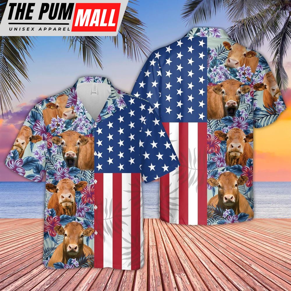 Farm Hawaiian Shirt, Gelbvieh Flower Pattern American 3D Hawaiian Shirt, Animal Hawaiian Shirt