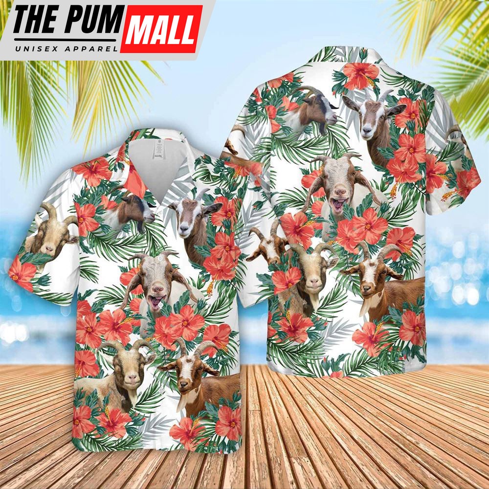 Farm Hawaiian Shirt, Goat Cattle Hibucis Flower Pattern 3D Hawaiian Shirt, Animal Hawaiian Shirt