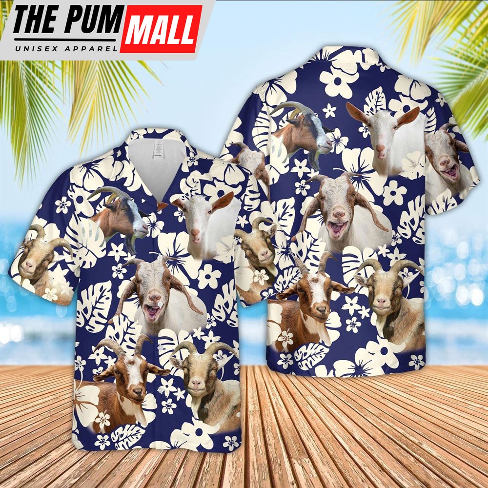 Farm Hawaiian Shirt, Goat Flower Blue Pattern 3D Hawaiian Shirt, Animal Hawaiian Shirt