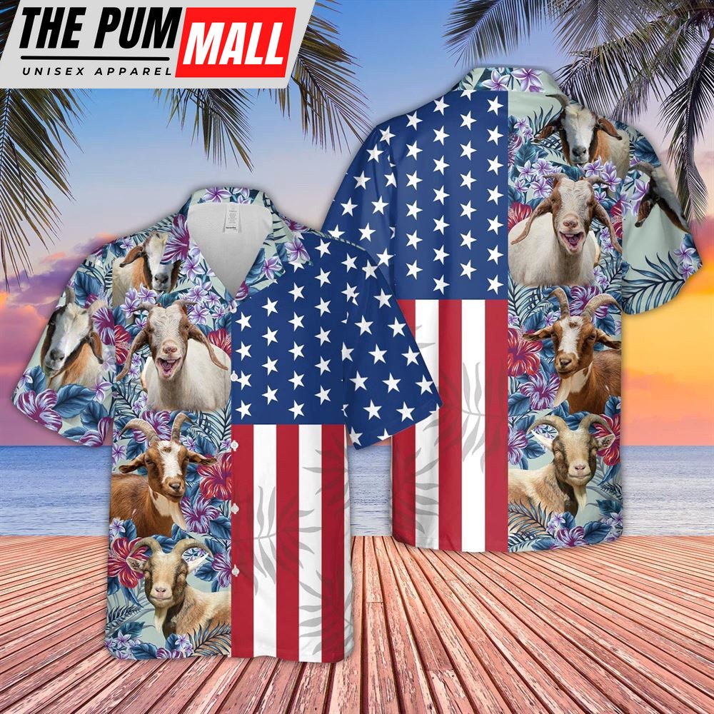 Farm Hawaiian Shirt, Goat Flower Pattern Us Flag 3D Hawaiian Shirt, Animal Hawaiian Shirt