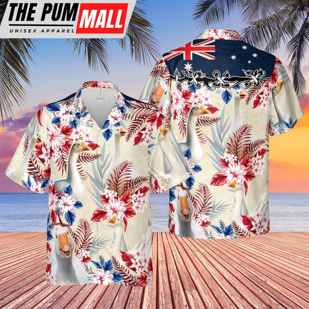 Farm Hawaiian Shirt, Goose Australian Flag Hawaiian Flowers All Over Printed 3D Hawaiian Shirt, Animal Hawaiian Shirt