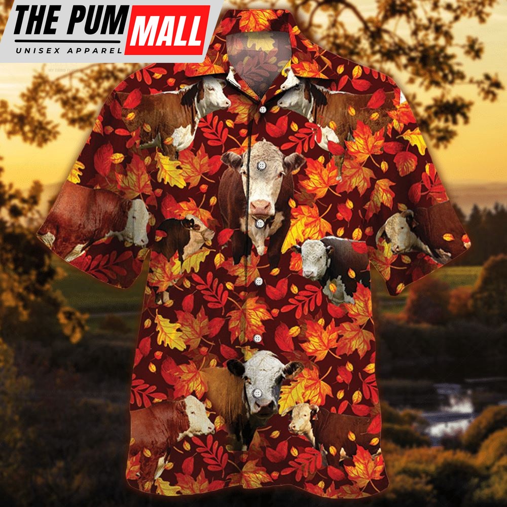 Farm Hawaiian Shirt, Herefold Cattle Autumn Leaves All Over Printed 3D Hawaiian Shirt, Animal Hawaiian Shirt
