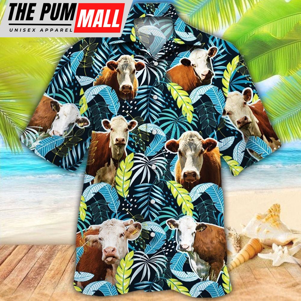 Farm Hawaiian Shirt, Herefold Cattle Jungle Leaves All Over Printed 3D Hawaiian Shirt, Animal Hawaiian Shirt