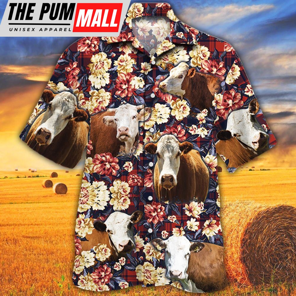 Farm Hawaiian Shirt, Herefold Cattle Red Plaid Pattern All Over Printed 3D Hawaiian Shirt, Animal Hawaiian Shirt