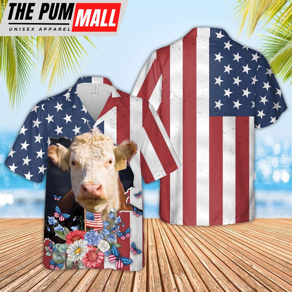 Farm Hawaiian Shirt, Hereford 4Th Of July 3D Hawaiian Shirt, Animal Hawaiian Shirt