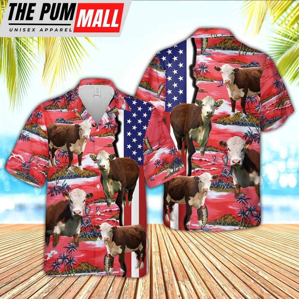 Farm Hawaiian Shirt, Hereford American Flag Farming 3D Hawaiian Shirt, Animal Hawaiian Shirt