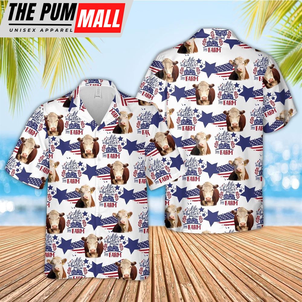 Farm Hawaiian Shirt, Hereford American Flag Pattern Hawaiian Shirt, Animal Hawaiian Shirt