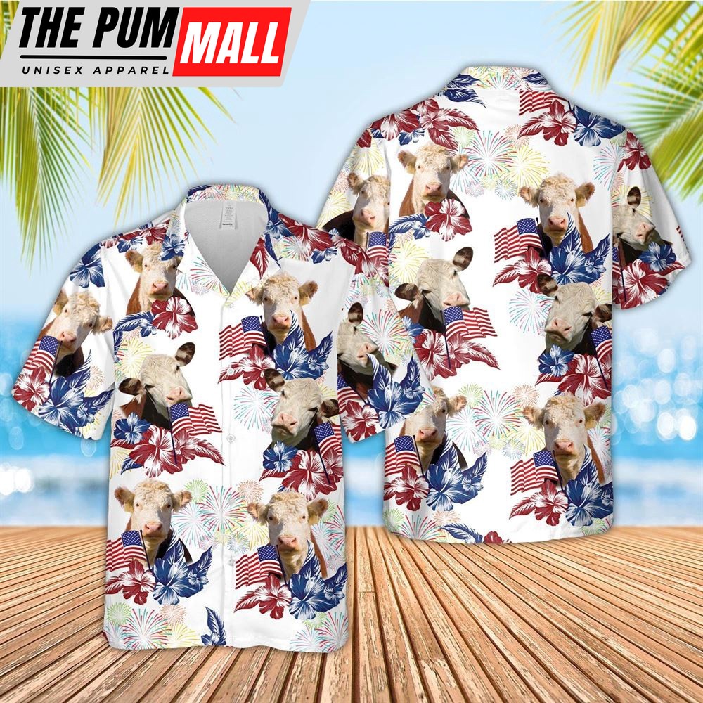 Farm Hawaiian Shirt, Hereford American Flowers And Flag Pattern Hawaiian Shirt, Animal Hawaiian Shirt