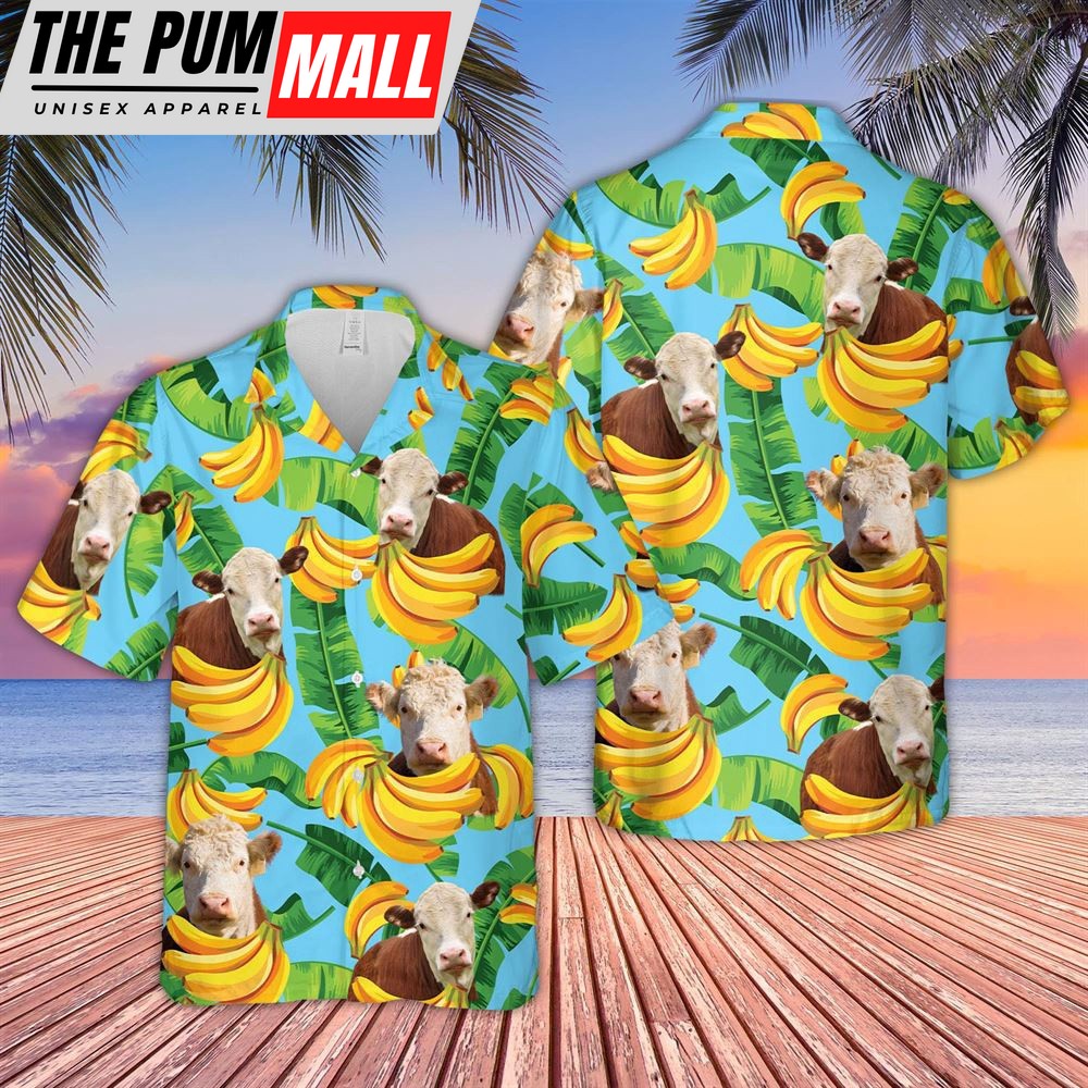 Farm Hawaiian Shirt, Hereford Banana Pattern 3D Hawaiian Shirt, Animal Hawaiian Shirt