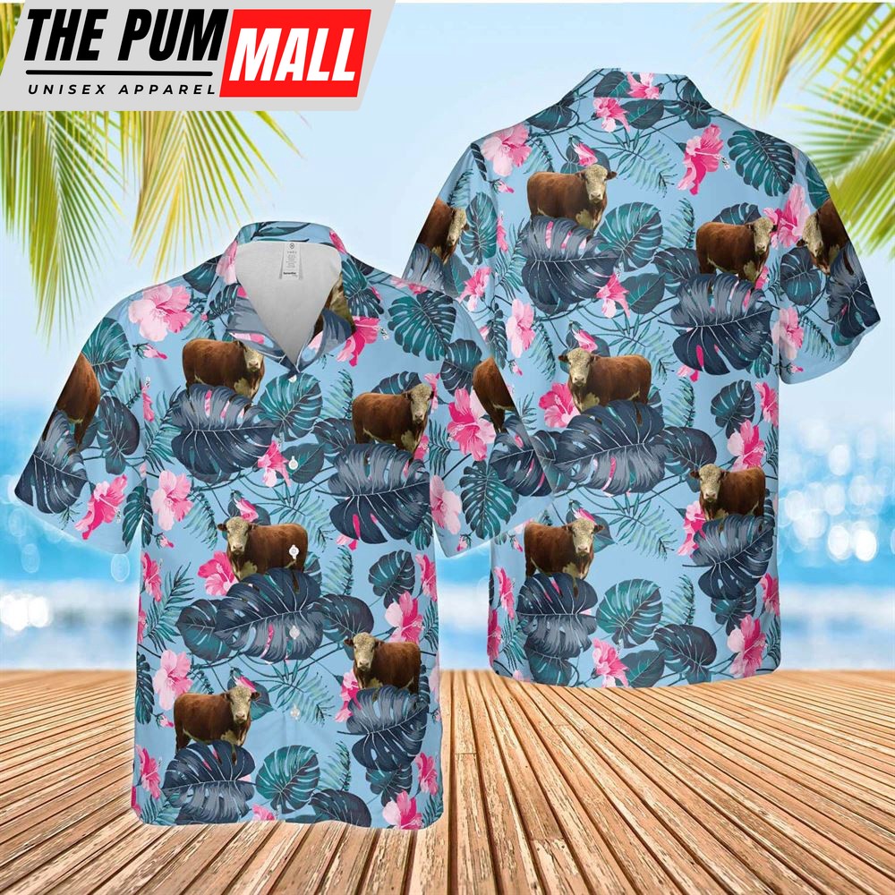 Farm Hawaiian Shirt, Hereford Blue Hibiscus Hawaiian Shirt, Animal Hawaiian Shirt