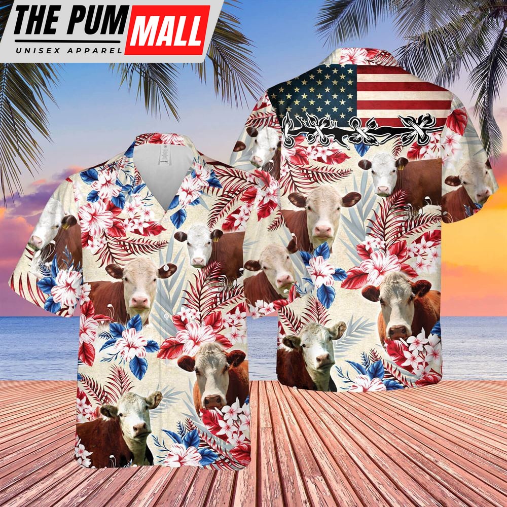 Farm Hawaiian Shirt, Hereford Cattle American Flag Hawaiian Flowers All Over Printed 3D Hawaiian Shirt, Animal Hawaiian Shirt
