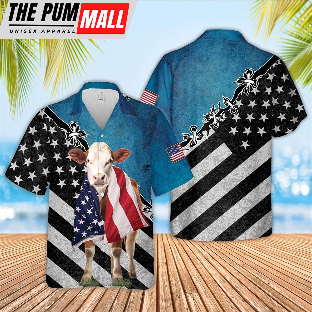 Farm Hawaiian Shirt, Hereford Cattle American Flag Hawaiian Shirt, Animal Hawaiian Shirt