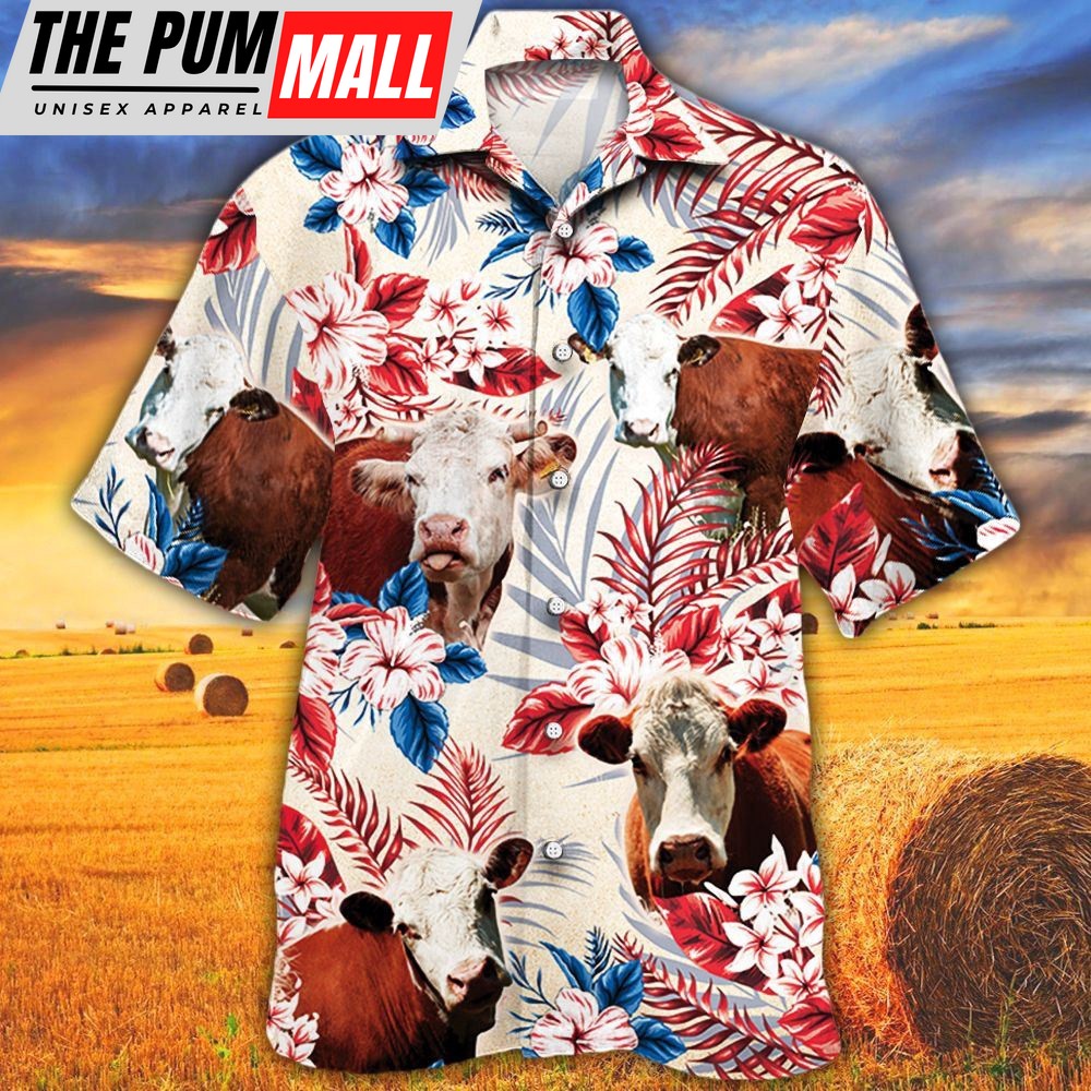 Farm Hawaiian Shirt, Hereford Cattle Australian Flag Hawaiian Flowers All Over Printed 3D Hawaiian Shirt, Animal Hawaiian Shirt